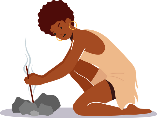 Woman starting fire with the sticks friction  Illustration