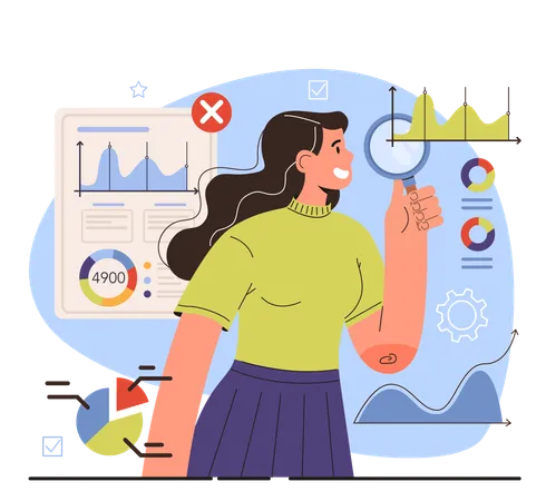 Diverse Women In Science Female Statistician Working With Data Analyzing Graphs Charts And Diagrams Processing Information Scientist Studying Demographic Statistics Vector Flat Illustration Illustration