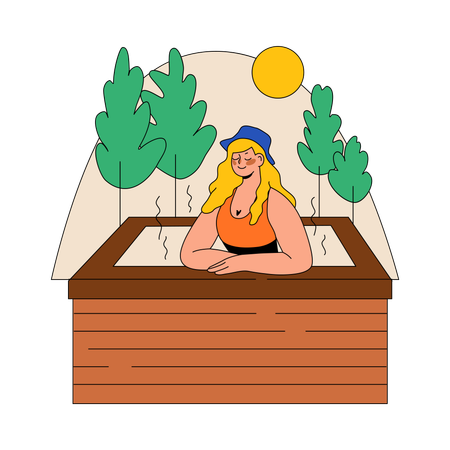 Woman Steams In A Warm Wooden Pool  イラスト