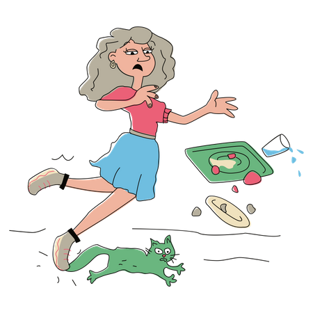 Woman stepped on a cat and fell Illustration