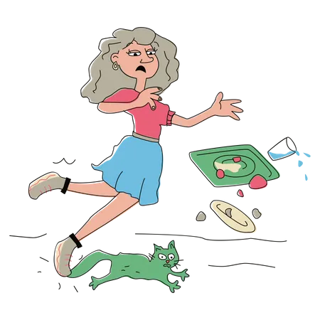 Woman stepped on a cat and fell  Illustration