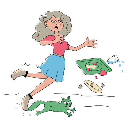 Woman stepped on a cat and fell  Illustration