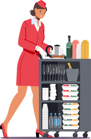 Woman Stewardess With Food Trolley  Illustration