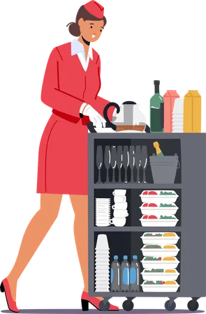 Woman Stewardess With Food Trolley Female Air Hostess Profession Ensures Passenger Safety And Comfort During Flights She Manages In Flight Services Assists With Emergencies Vector Illustration Illustration