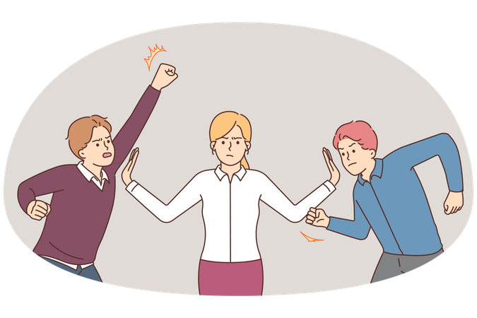 Woman stop aggressive mad men ready for fight  Illustration