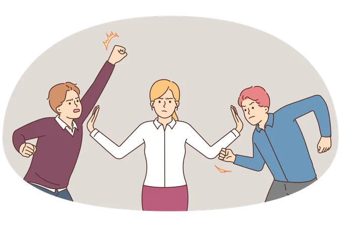 Woman stop aggressive mad men ready for fight  Illustration
