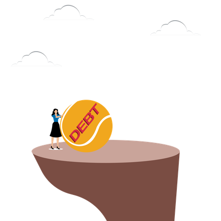 Woman stops debt ball on cliff  Illustration