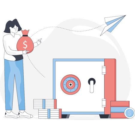 Woman storing money in safe deposite  Illustration
