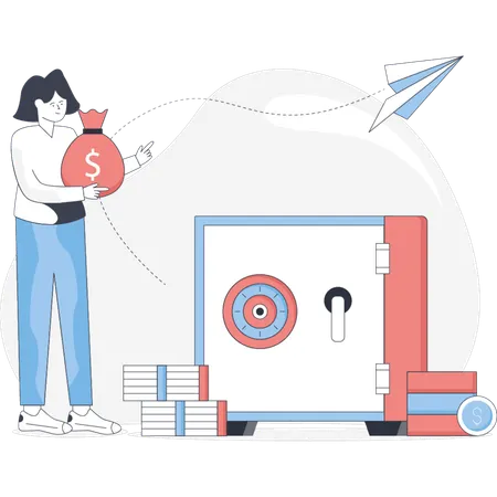Woman storing money in safe deposite  Illustration