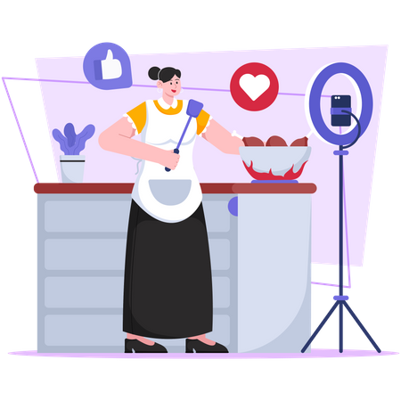 Woman streaming live cooking video Illustration