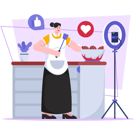 Woman streaming live cooking video  Illustration