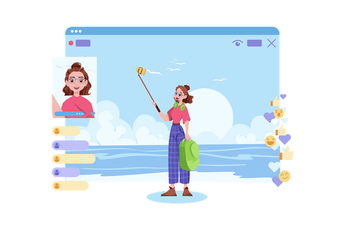 Woman streaming live online while travelling  Illustration