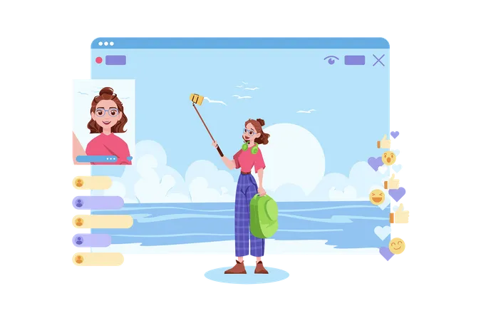 Woman streaming live online while travelling  Illustration