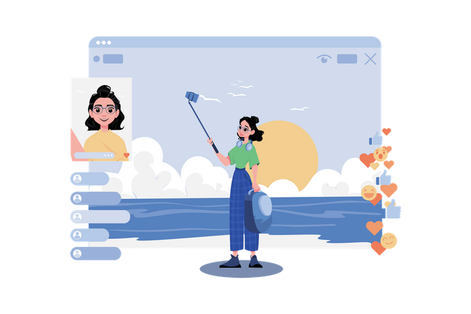 Woman streaming live online while travelling  Illustration