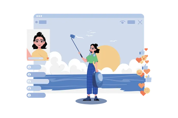 Woman streaming live online while travelling  Illustration