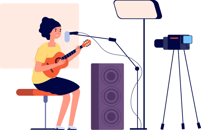 Woman streaming music play online  イラスト