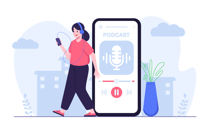 Woman streaming podcast audio using mobile app while walking  일러스트레이션