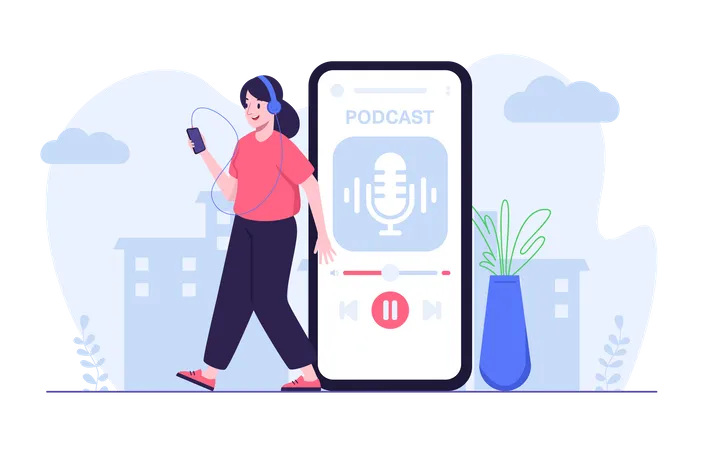 Illustration Of Woman Streaming Podcast Audio Using Mobile App While Walking Illustration