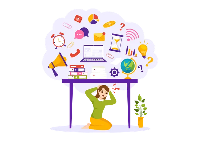 Overloading Vector Illustration With Busy Work And Multitasking Employee To Finish Many Documents Or Digital Information In Hand Drawn Templates Illustration