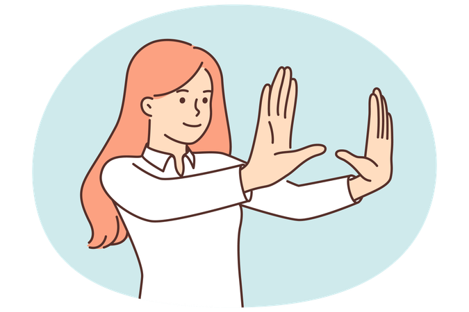 Woman stretches arms forward while making frame of palms when choosing place to place picture  Illustration