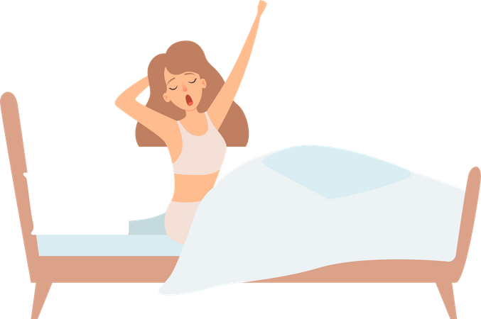 Woman stretching after sleep in bedroom  Illustration