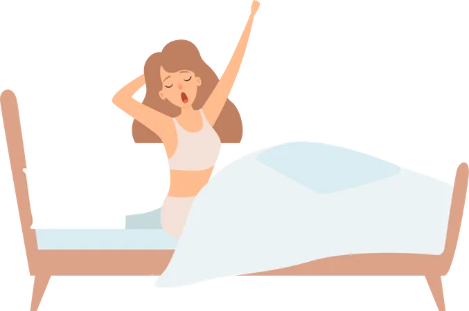 Woman stretching after sleep in bedroom  Illustration