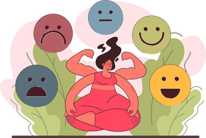 Woman strongly doing meditation and controlling emotions  Illustration