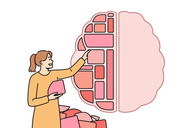 여성은 인지 과정을 개선하기 위해 뇌 내부에서 블록 형태로 지식을 구조화합니다.  일러스트레이션