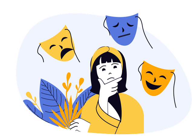 Woman struggles with many face masks  Illustration