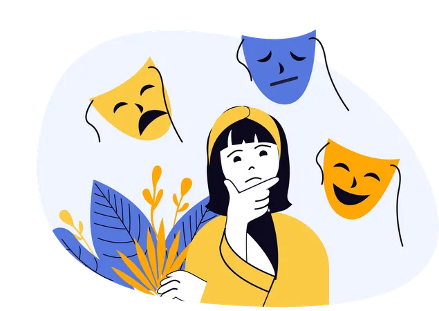 Woman struggles with many face masks  Illustration