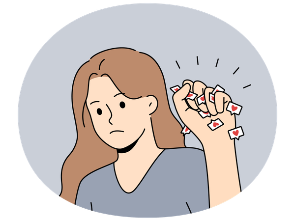 Woman struggles with social media addiction and clenches heart icons in fist to protest  Illustration