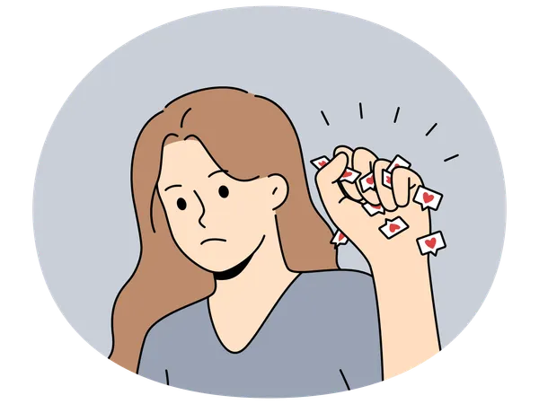 Woman struggles with social media addiction and clenches heart icons in fist to protest  Illustration