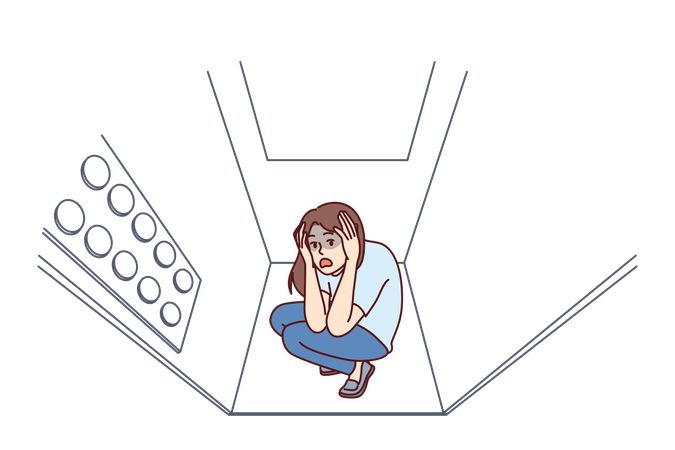 Woman stuck in elevator is claustrophobic and panic attack due to phobia of enclosed spaces  Illustration