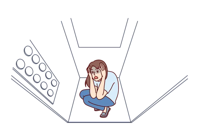 Woman stuck in elevator is claustrophobic and panic attack due to phobia of enclosed spaces  Illustration