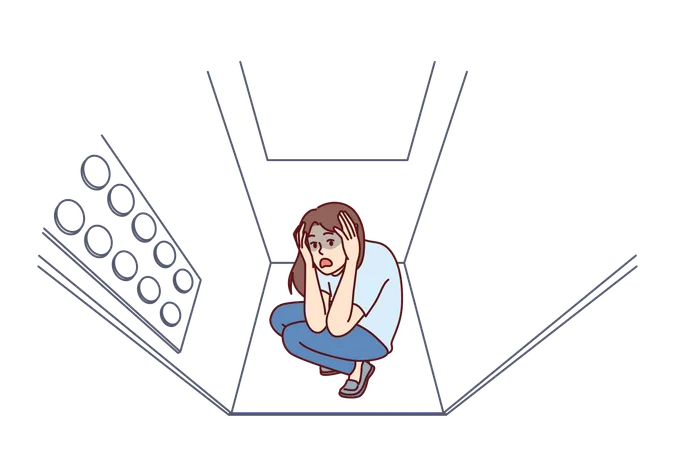Woman Stuck In Elevator Is Claustrophobia And Panic Attack Due To Phobia Of Enclosed Spaces Young Girl Rides In Moving Elevator In Need Of Psychological Help To Treat Claustrophobia Illustration