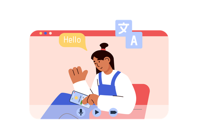 Woman student learning language online  Illustration