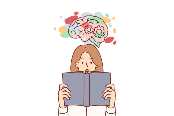 Woman Student Reads Book And Develops Intellect Feeling Delight And Surge Of Emotions From Gaining New Knowledge Surprised Girl With Book Near Brain Pattern With Gears And Colorful Spots 일러스트레이션