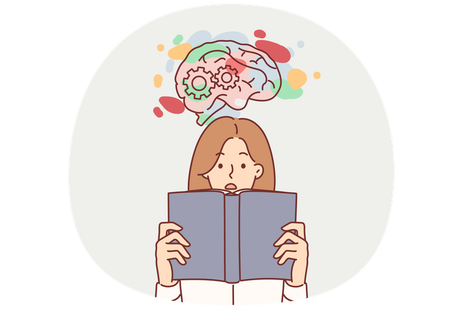 Woman student reads book and develops intellect  Illustration