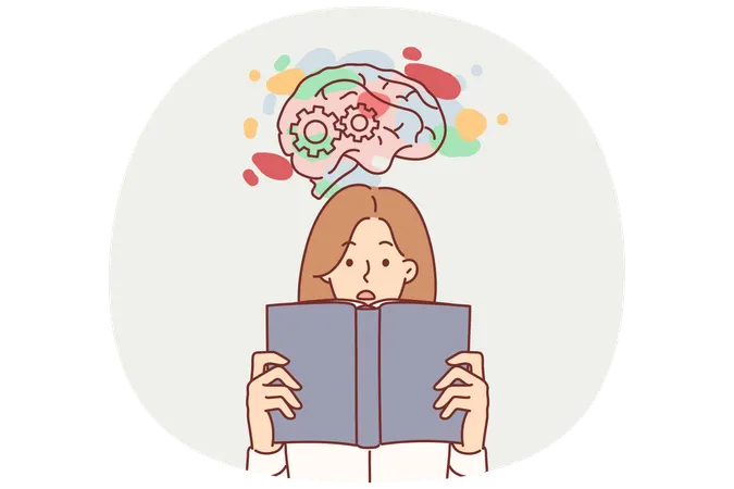 Woman student reads book and develops intellect  Illustration