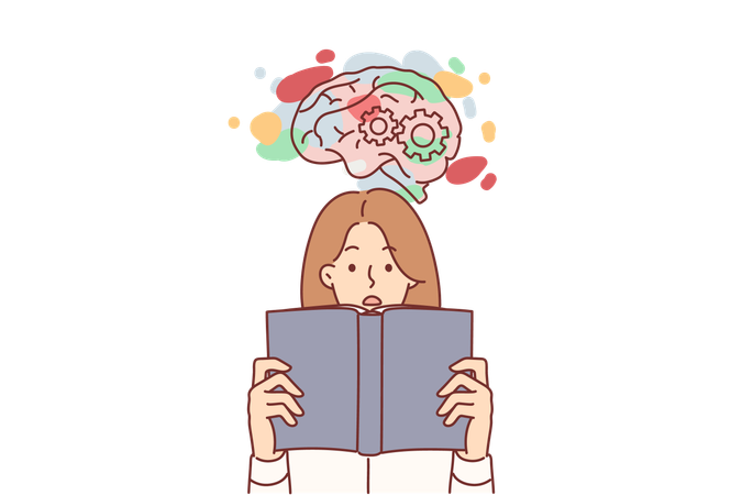 Woman student reads book and develops intellect  Illustration