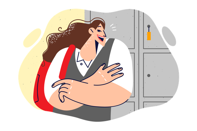Woman student with backpack stands in college building near lockers for storing personal belongings  Illustration