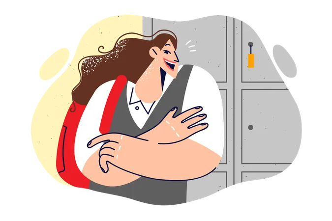 Woman student with backpack stands in college building near lockers for storing personal belongings  イラスト