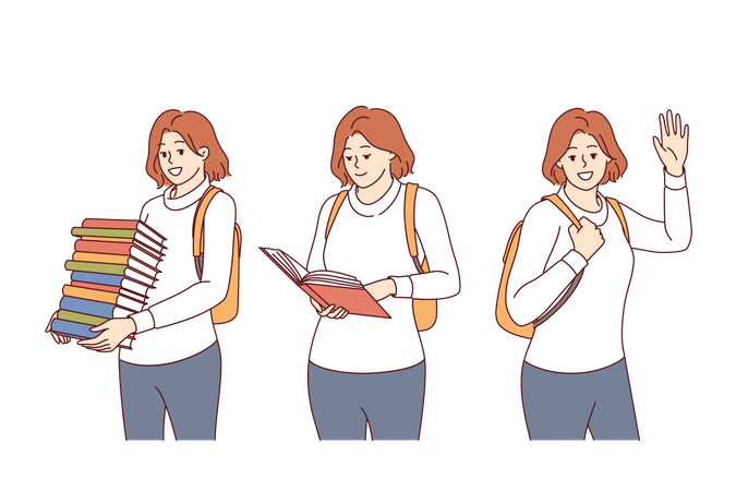 Woman student with stack of books and backpack behind is ready to gain new knowledge from literature  Illustration