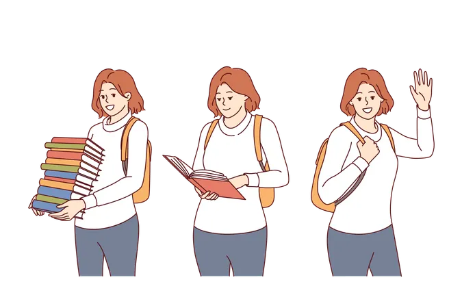 Woman student with stack of books and backpack behind is ready to gain new knowledge from literature  Illustration