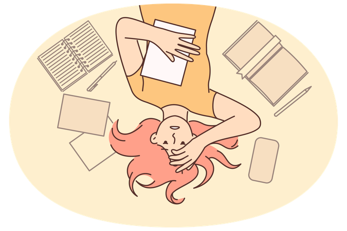 Woman student worry about upcoming exams at university or college lying on floor among textbooks  Illustration