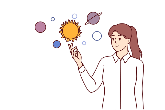 Woman studies outer space and solar system to make astrological forecast for future  Illustration