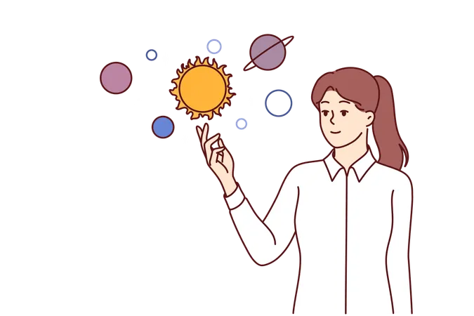 Woman Studies Outer Space And Solar System To Make Astrological Forecast For Future Dressed In Business Clothes Planets And Stars From Space Or Neighboring Galaxy Near Scientist Girl Illustration