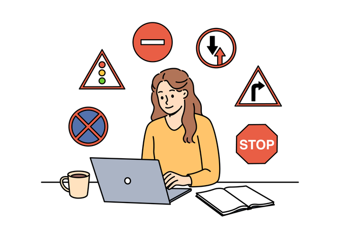 Woman studies traffic rules via laptop preparing to take theoretical exam to obtain driver license  Illustration