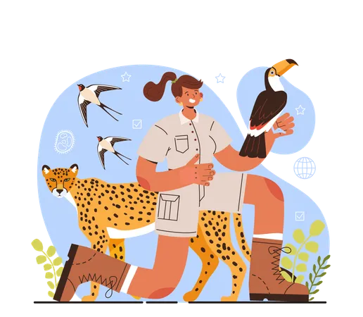 Diverse Women In Science Concept Female Character Exploring And Studying Fauna Wild Animal Studying And Protection Naturalist Going On Expedition To Wild Nature Isolated Vector Illustration Illustration