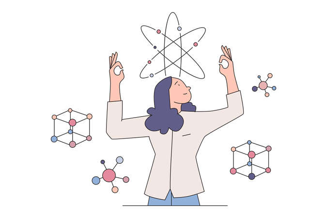Woman studying scientific molecule structure Illustration